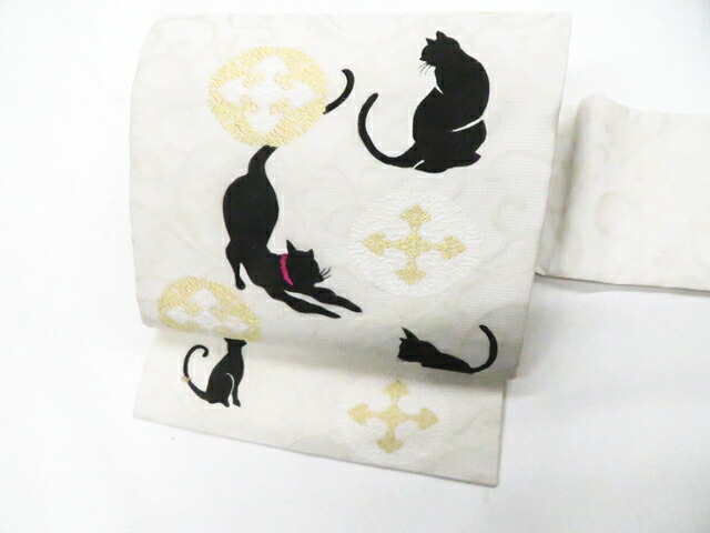 【中古】リサイクル着物 九寸名古屋帯 未使用 オリジナル 西陣織 お太鼓柄 猫 金糸 証紙付 美品 r8b06-127【リサイクル】宝の山|アイディーネット宝の山店