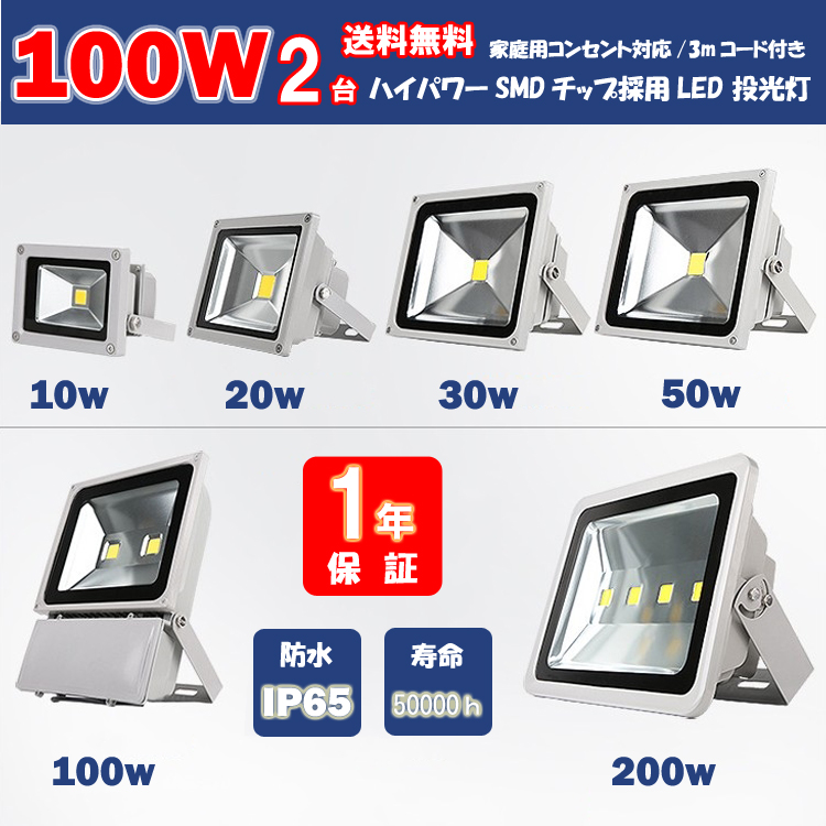 Led投光器 100w2台セット 1000w相当 Ledライト プラグ付き 一年保証 作業灯 屋外 昼光色 本体シルバー 看板照明 防水 防犯 集魚灯 駐車場灯 でおすすめアイテム 1000w相当