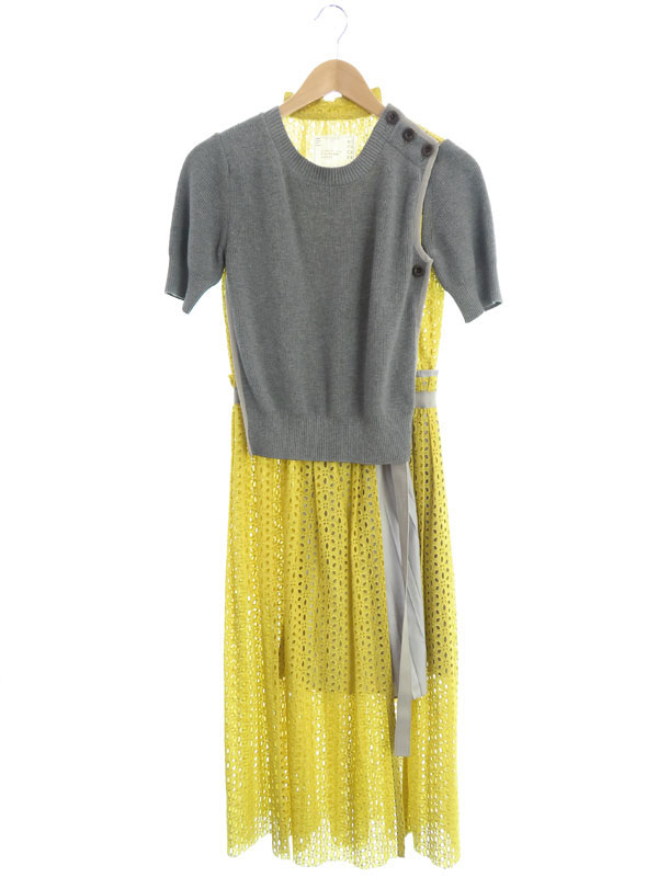 レディースファッション ワンピース Sacai レース プリーツ 日本製 サカイ ニット切替 半袖ワンピース Size1 17 レディース 1週間保証 中古 代引可