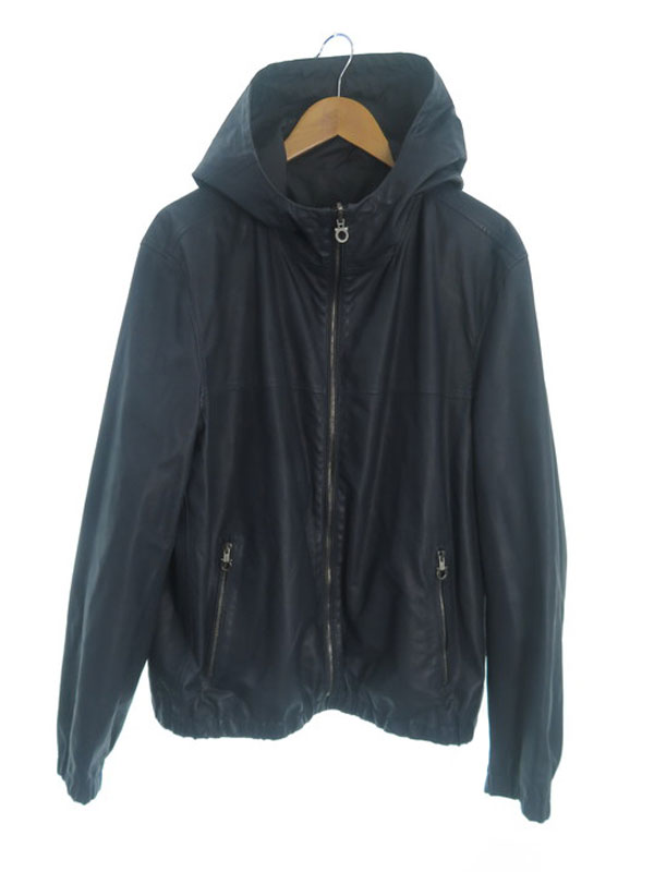 【Salvatore Ferragamo】フェラガモ『パンチングレザー リバーシブルフーデッドジャケット size54』メンズ レザーパーカー 1週間保証【中古】