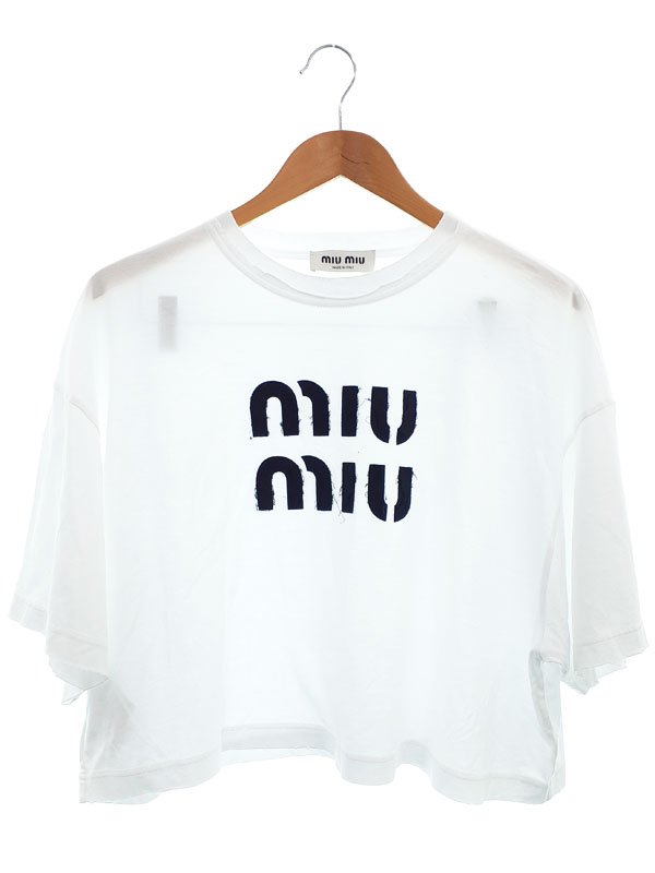 MIUMIU ホワイト Tシャツ ビジュー装飾付き M miumiu ビジュー付きトップス 半袖 Tシャツ - メルカリ