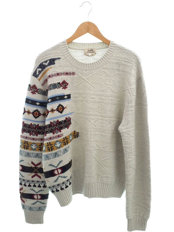 カシミア混●HERMES ラグランニット セーター M グレー バイカラー カシミア混○HERMES ラグランニット セーター M グレー バイカラー