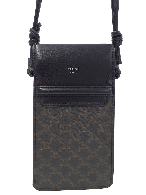 CELINE - CELINE(セリーヌ) 携帯電話ケース モバイルポーチ,トリオンフキャンバス 10H742DCH.38SI 黒×ダークブラウン CELINE】セリーヌ モバイルポーチ / トリオンフ キャンバス