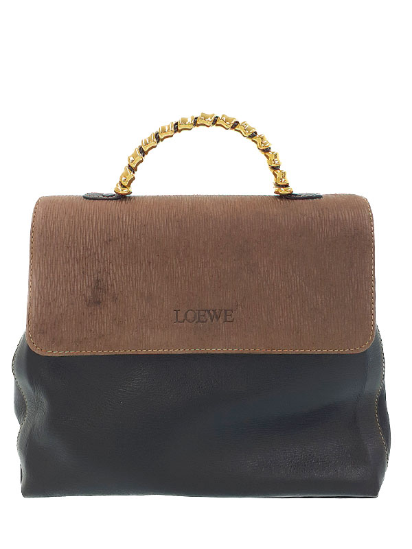 美品 ロエベ ベラスケス ツイスト金具 ハンドバッグ レザー バイカラー 黒茶 fit=scale-down,w=1200