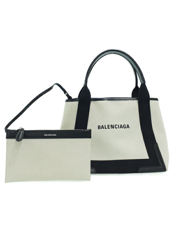 【美品】バレンシアガ　ネイビーカバスS　ハンドバッグ　キャンバス　ボーダー　黒白 BALENCIAGA バレンシアガ ネイビーカバス S ホワイト/ブラック