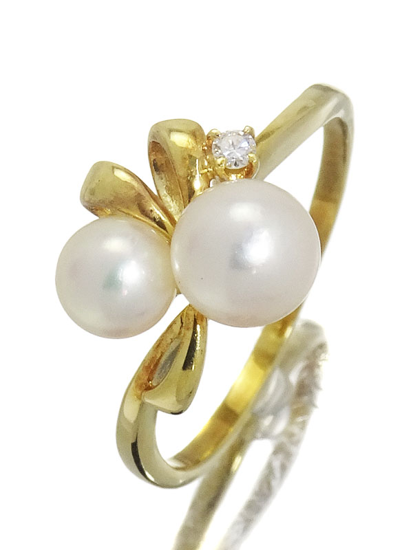 【MIKIMOTO】ミキモト『K18YG パール5.4mm 4.6mm リング ダイヤ リボンモチーフ』9号 1週間保証【中古】 33,810円