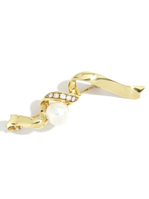 【MIKIMOTO】ミキモト『K18YG パール8.3mm ブローチ ダイヤ リボン』1週間保証【中古】｜高山質店