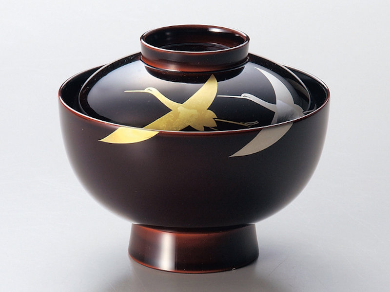 箔鶴蒔絵 雑煮椀 溜 1客：本漆塗り 懐石料理 和食器 蓋付き 来客 おもてなし おしゃれ かわいい お正月 記念品 プレゼント ギフト 母の日 雑貨 日本製 国産