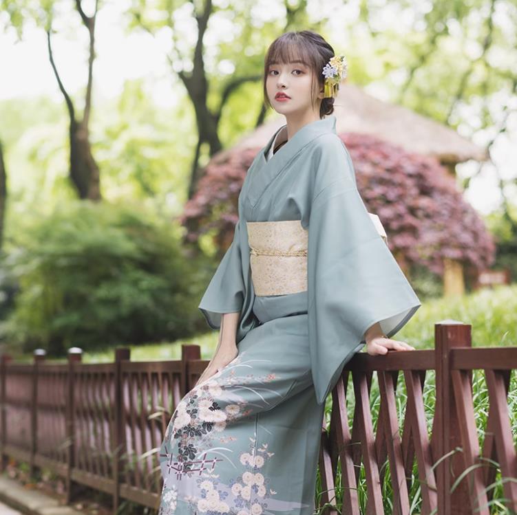 女性大人清楚な浴衣ドレス和柄着物ドレス柄ロングゴッドガール着物夏まつり浴衣ドレス和服着物お祭りリボン 夏祭り夕涼み会花火大会七夕盆踊り帯付き花魁シリーズ和柄サテン着物ロングドレス花魁イベント仕事着衣装着衣和柄コスプレレディーススカート緑色