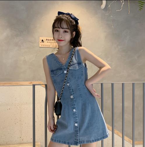 楽天市場 レディース デニムワンピース シャツワンピ 膝丈ミディ丈春夏スカート カジュアル キュート可愛い フェミニン きれいめ上品おしゃれ デニム スカート お出かけ普段着 ブルーデニムドレス 薄い生地 ｖネックフレンチ風ワンピ 復古aライン裾フレア セクシー ベスト