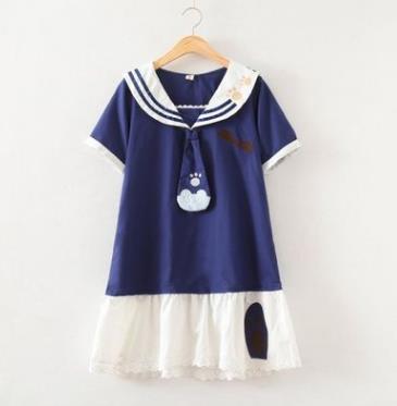 楽天市場 レディースファッション 夏 半袖ワンピース マリン風 セーラー風ワンピース セーラー ワンピース セーラー服 ワンピ 長袖 セーラーカラー 学院風 着痩せ キュート 可愛い猫刺繍 高校生 普段着 コスプレコスチューム誕生日プレゼントにおススメワンピー 竹田