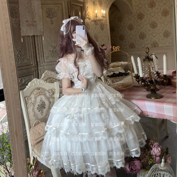 白仙气花嫁春夏ワンカラーゴスロリワンピース ロリィタ 半袖op Lolita ロリータ コスプレ ウェディングドレスゴスロリワンピース人形師 レディースフリルレース ワインカート 可愛いお嬢様姫系ホワイトワンピ3段ゴージャスドレス ワンピース ネックレス 手袋 髪飾り 靴下