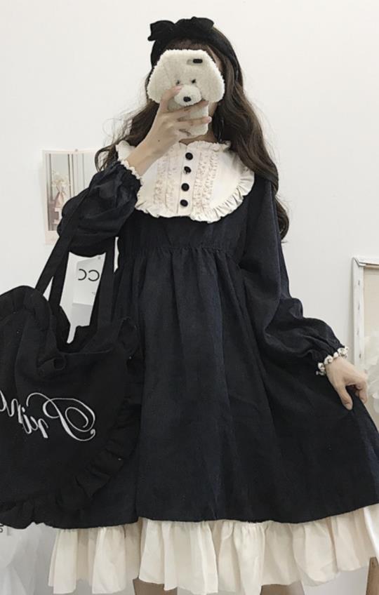 ゴスロリワンピース ロリィタ 長袖op Lolita ロリータ コスプレ 洋装田園風op長袖ワンピース日常服ゴスロリワンピース レディースフリルレース ワインカート 可愛いお嬢様姫系少女ワンピ ワンピゴージャスドレス 日常姫黒色 低価格で大人気の