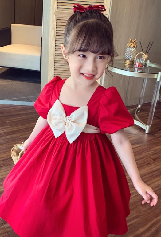 人気洋服上品女の子キッズドレスセーターワンピース お姫様ドレス 子供ワンピース キッズドレス 可愛い プリンセススカート半袖 子ども服90cm 100cm 110cm 1cm 130cm 140cm 150cmジュニア キッズ オシャレワンピース 入学式 卒業式 夏 パフスリーブ 赤い色 ちょう結び