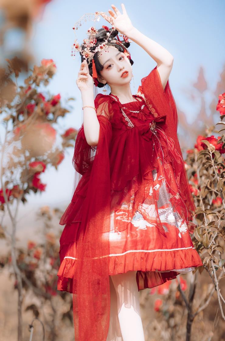 中国風日常服ゴスロリワンピース人形師 ドレス ロリィタ Op 膝丈 Lolita ロリータファッション コスプレ ロリータ服 ワンピース クラゲ 森ガール長袖レディースフリルレース ワインカート 可愛い お嬢様 姫系 少女ワンピ ゆったり 中華風漢服 蝶結び付き2点セット