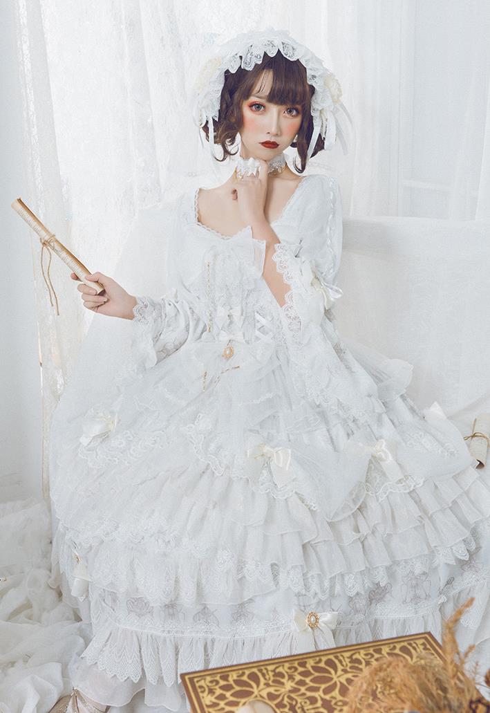 白仙气花嫁春夏ワンカラーゴスロリワンピース ロリィタ Op Lolita ロリータ コスプレ ウェディングドレス日常服ゴスロリワンピース人形師 レディースフリルレース ワインカート 可愛いお嬢様姫系少女ワンピ ホワイトワンピゴージャスドレス リサop ワンピース