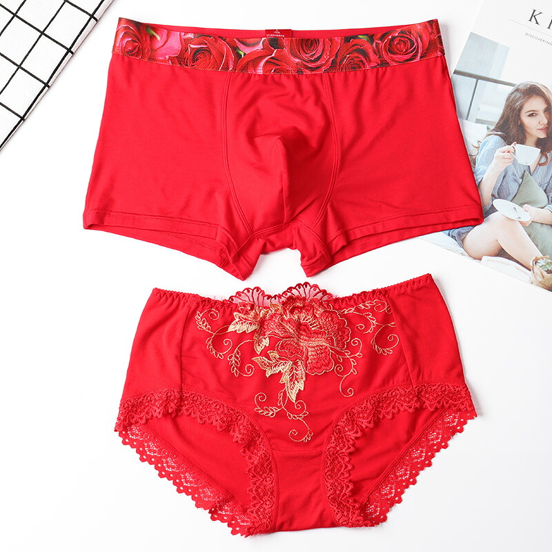 赤レッドペア カップル Xl レディース レース 出生年ショーツ お揃い セクシー メンズ下着 新年ペアパンツ ペアルック L 夫婦花嫁下着ショーツ M