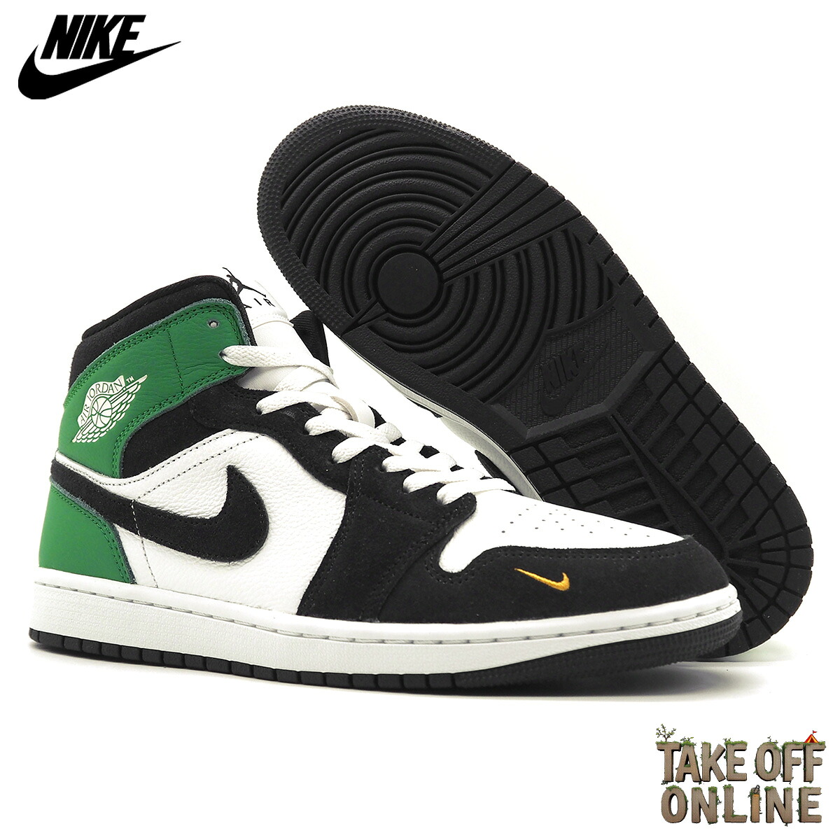 NIKE AIR JORDAN 1 MID SE SUMMIT WHITE/BLACK-LUCKY GREEN II9812-100 ナイキ エアジョーダン 1 ミッド SE サミットホワイト/ラッキーグリーン/ユニバーシティゴールド/ブラック メンズ ｜TAKE OFF ONLINE
