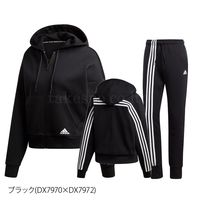 送料無料 新作 アディダス Adidas スウェット 上下 レディース Adidas フーディ フード付き スウェット パーカー 3ストライプス フード付き スポーツウェア トレーニング ウェア ウエア ジム フィットネス かわいい 有 スエット 上下セット 3本ライン サイドライン