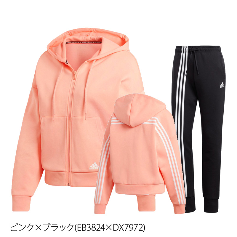 送料無料 新作 アディダス Adidas スウェット 上下 レディース Adidas フーディ フード付き スウェット パーカー 3ストライプス フード付き スポーツウェア トレーニング ウェア ウエア ジム フィットネス かわいい 有 スエット 上下セット 3本ライン サイドライン