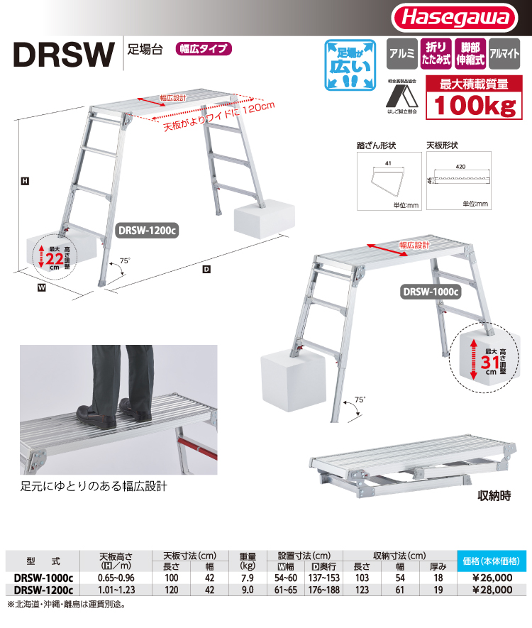 長谷川工業(Hasegawa) 脚部伸縮天板幅広足場台 DRSW-1200c (1.01*1.23m