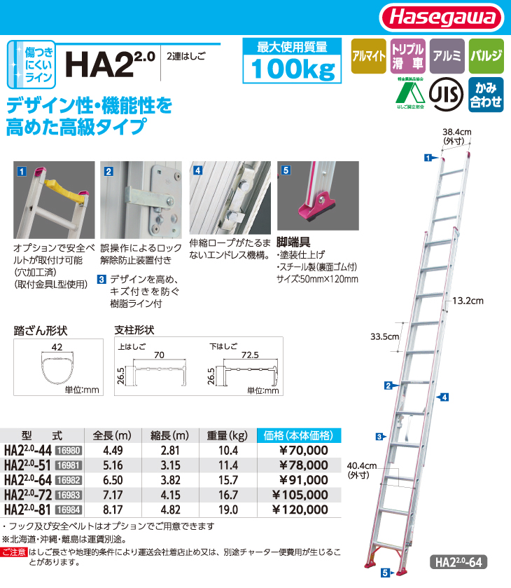 新品未使用 機能性を高めた高級タイプ 二連はしご HA22.0-64