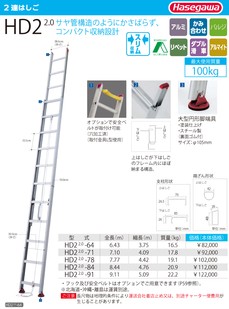 代引き不可】 コンパクト アルミ二連はしご HD22.0-64 17266