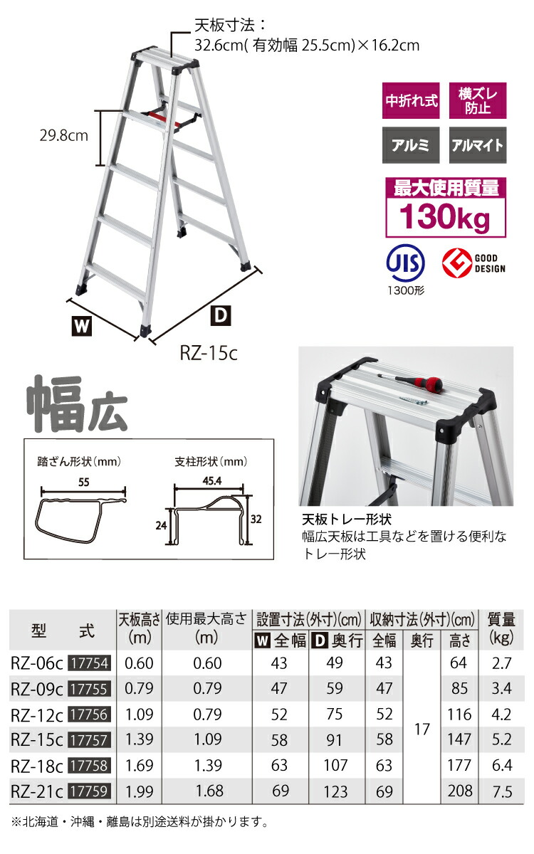 全ての 脚軽 脚立 長谷川工業 RZ-18c [送料無料] 軽くて丈夫な脚立 130kg 最大使用質量 天板高:1.69m - 脚立、踏み台 -  labelians.fr