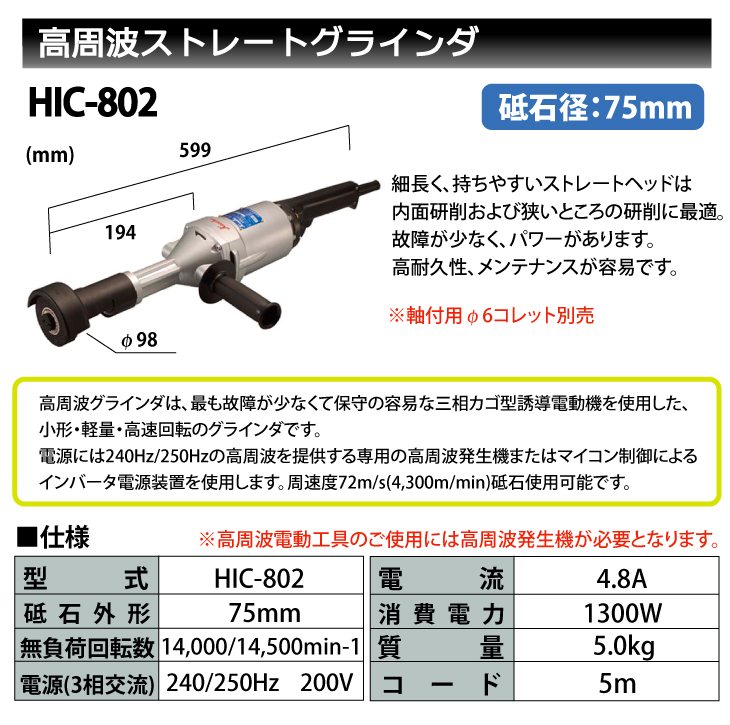 売れ筋がひ贈り物！ 高速電機 Kosoku 高周波ストレートグラインダ HIC