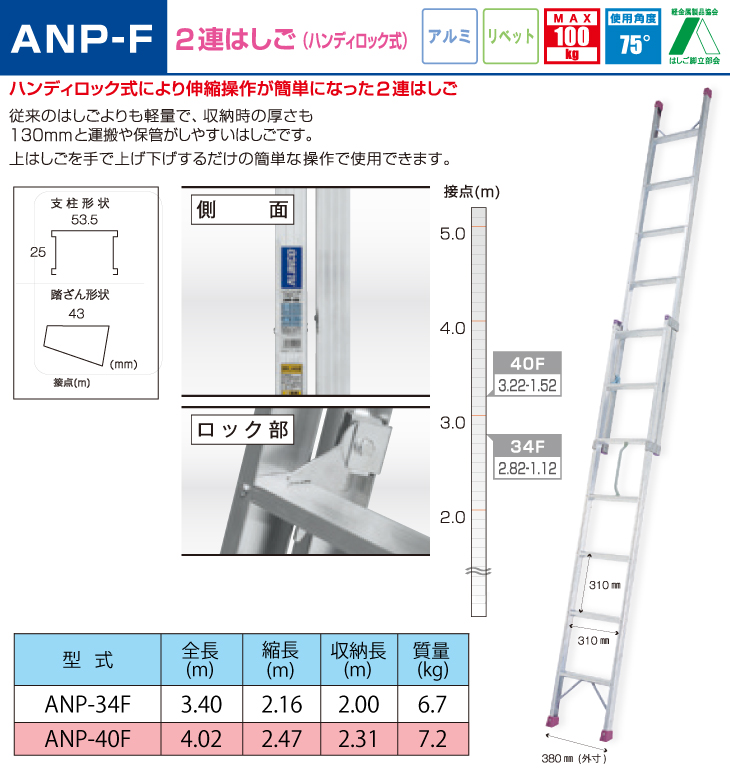 メーカー直送】 アルインコ 法人様名義限定 2連はしご ハンディロック式 ANP40F 全長 m cravinga.com