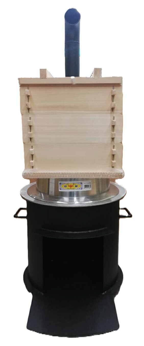 (徳用4点仕掛ける) 特撰国生産品 激務に耐える マルタ印 末代かまど 1斗用 (羽釜36糎 桧角せいろ尺1寸33糎3段 綿ふかし布88×88 3枚付) 4粍鋼板 煙り出し付き添い人カマド