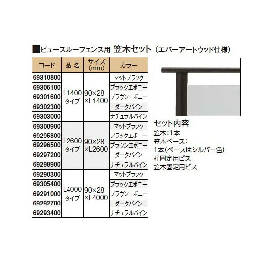 ビュースルーフェンス用 笠木セット （エバーアートウッド仕様）L4000タイプ (マットブラック/ブラックエボニー/ブラウンエボニー/ダークパイン/ナチュラルパイン)［タカショー 瀧商店]