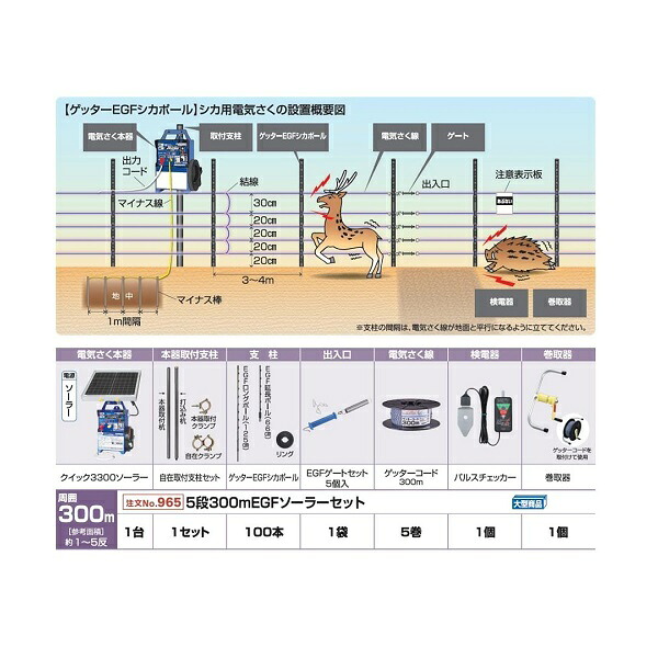 イノシシ・シカ対策用 5段300mEGFソーラーセット (965) 電気柵 盗難補償付 末松電子製作所 keib｜瀧商店