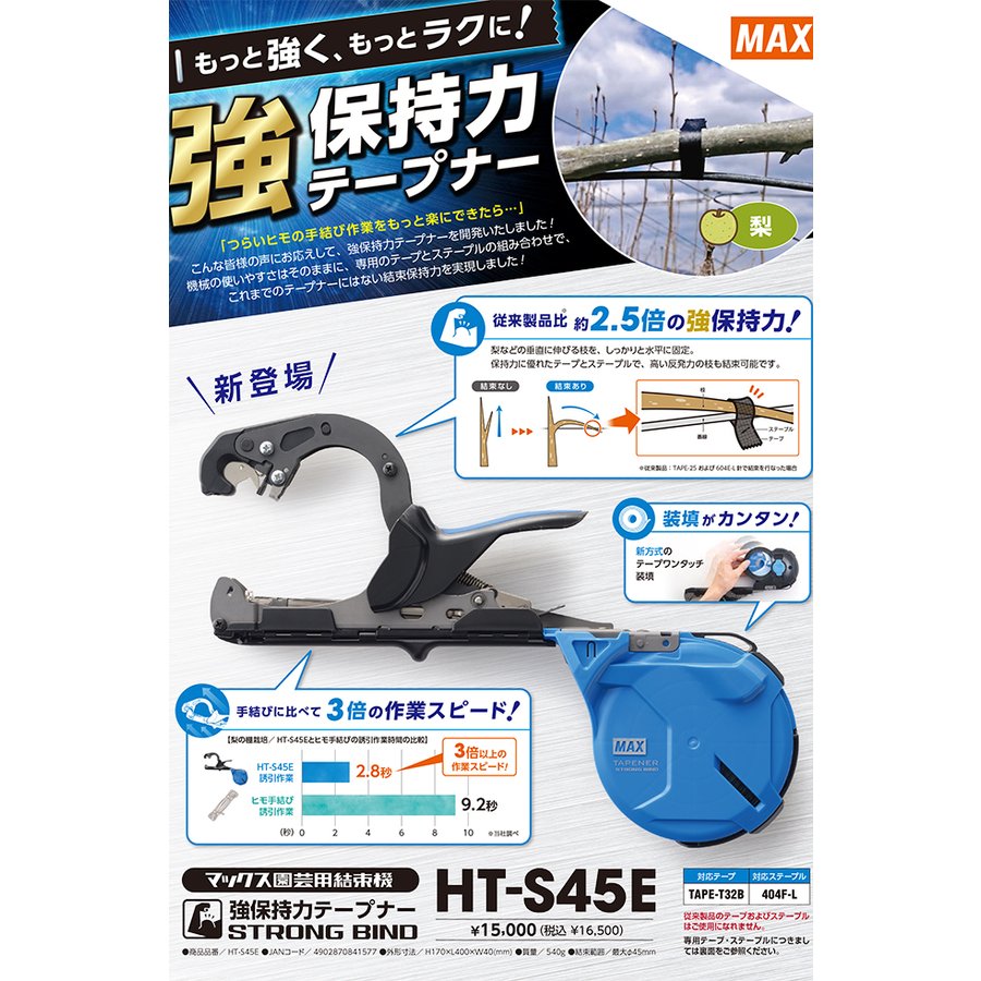 (おとく4点セット)MAX強保持力テープナーHT-S45E専用テープ(TAPE-T32B)とステープル(404F-L)とギザ刃付き