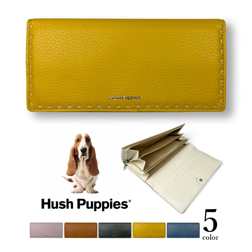 全5色　Hush Puppies ハッシュパピー リアルレザー ステッチデザイン かぶせ 長財布 ロングウォレット L字ファスナー小銭入れ 牛革 ワンちゃん 犬 ドッグ メンズ レディース 男女兼用 プレゼント 贈り物 (送料無料）