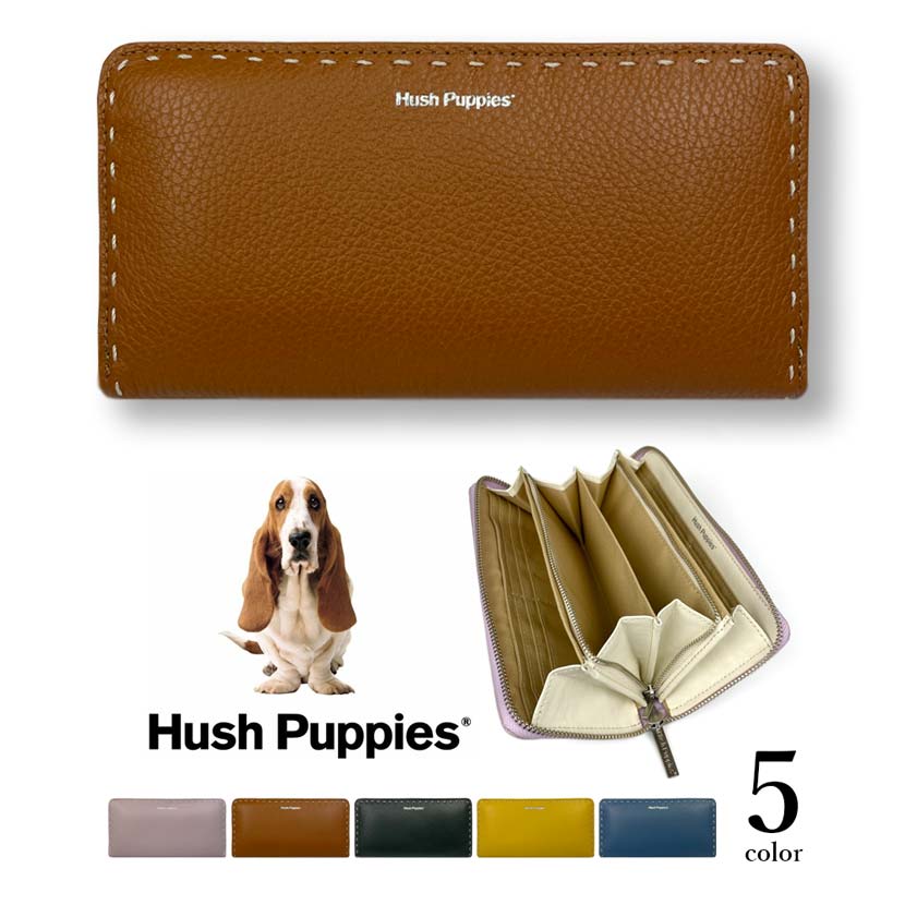 全5色　Hush Puppies ハッシュパピー リアルレザー ステッチデザイン ラウンドファスナー 長財布 ロングウォレット 小銭入れ 牛革 ワンちゃん 犬 ドッグ メンズ レディース 男女兼用 プレゼント 贈り物 (送料無料）