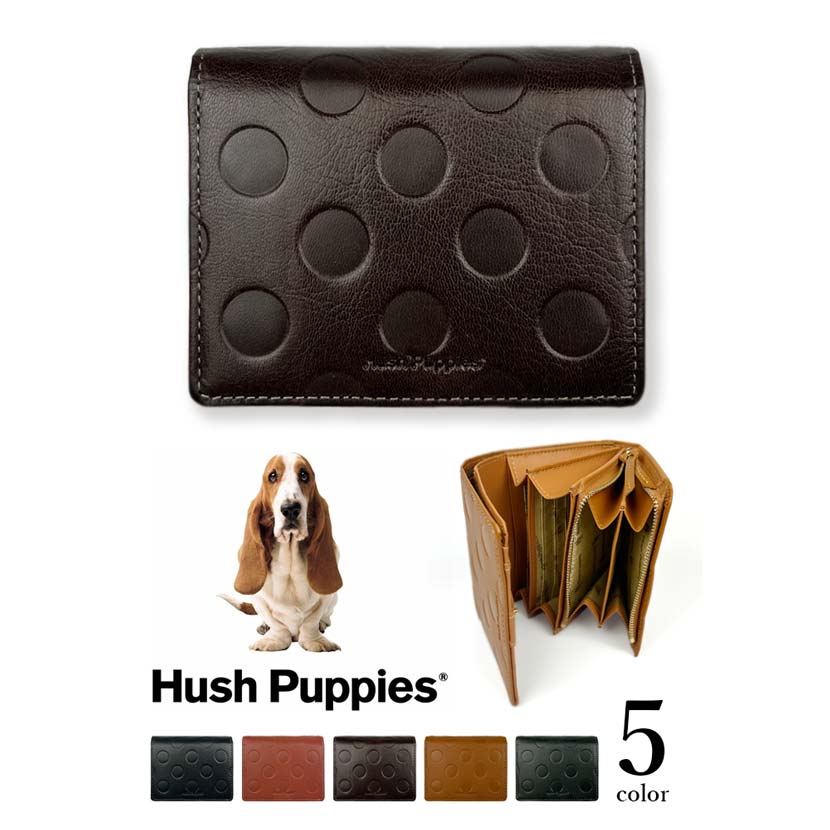 全5色　Hush Puppies ハッシュパピー ゴートレザー ドット柄 二つ折り財布 ウォレット L字ファスナー小銭入れ 蛇腹ポケット 水玉 本革 山羊革 床革 ワンちゃん 犬 ドッグ 大収納 レディース プレゼント 贈り物 父の日（送料無料） 6,521円