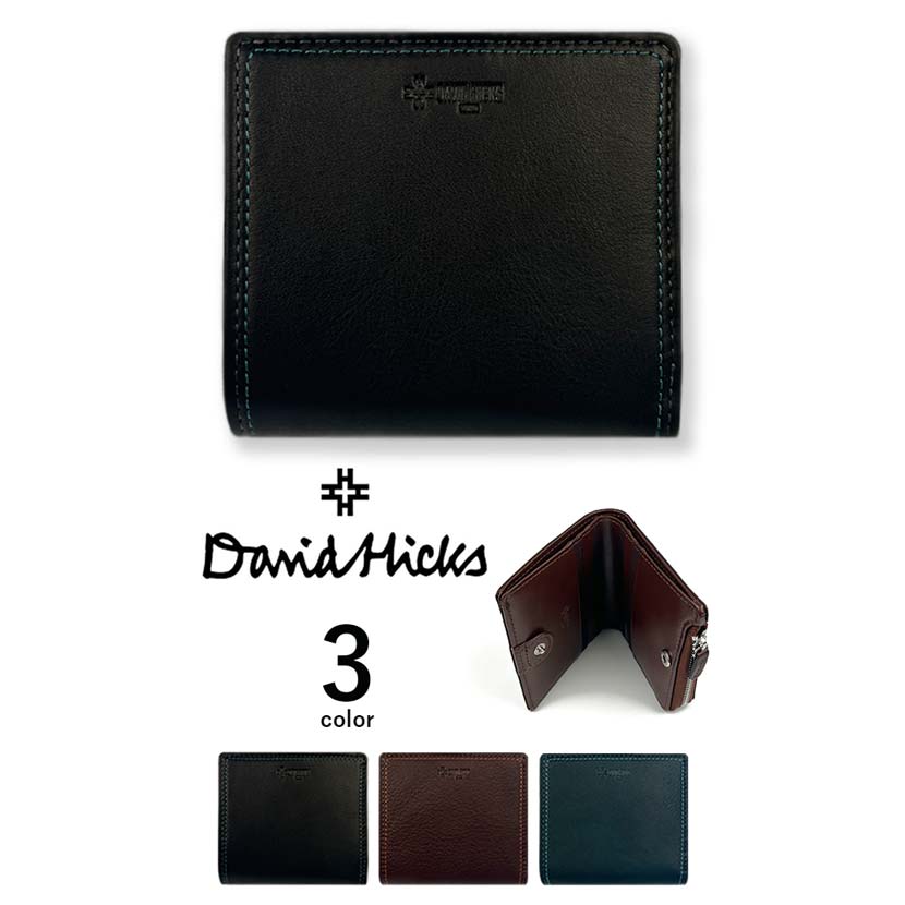 【全3色】DAVID HICKS(デービッド ヒックス)カラーステッチ リアルレザー 二つ折り財布 L字ファスナー小銭入れ スリム ショートウォレット 本革 皮革 カウレザー 牛革 メンズ レディース プレゼント