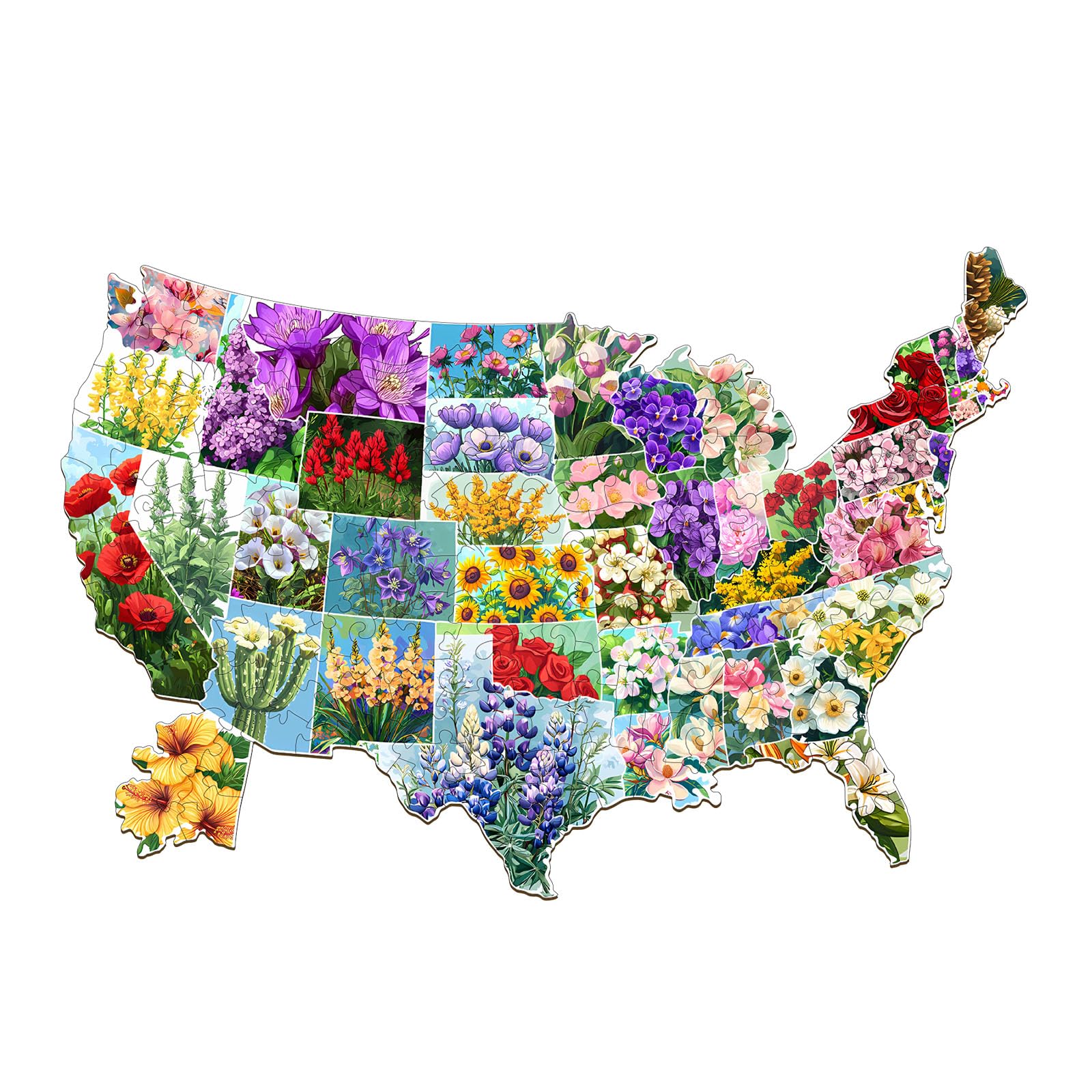 木製パズル 大人用 3視覚効果 アメリカ州の花 木製ジグソーパズル ユニークな形状 木製パズル 大人 3効果 フラットパズル 誕生日 家族ゲーム (-11.4 7.75インチ-145個)｜擇木ショップ