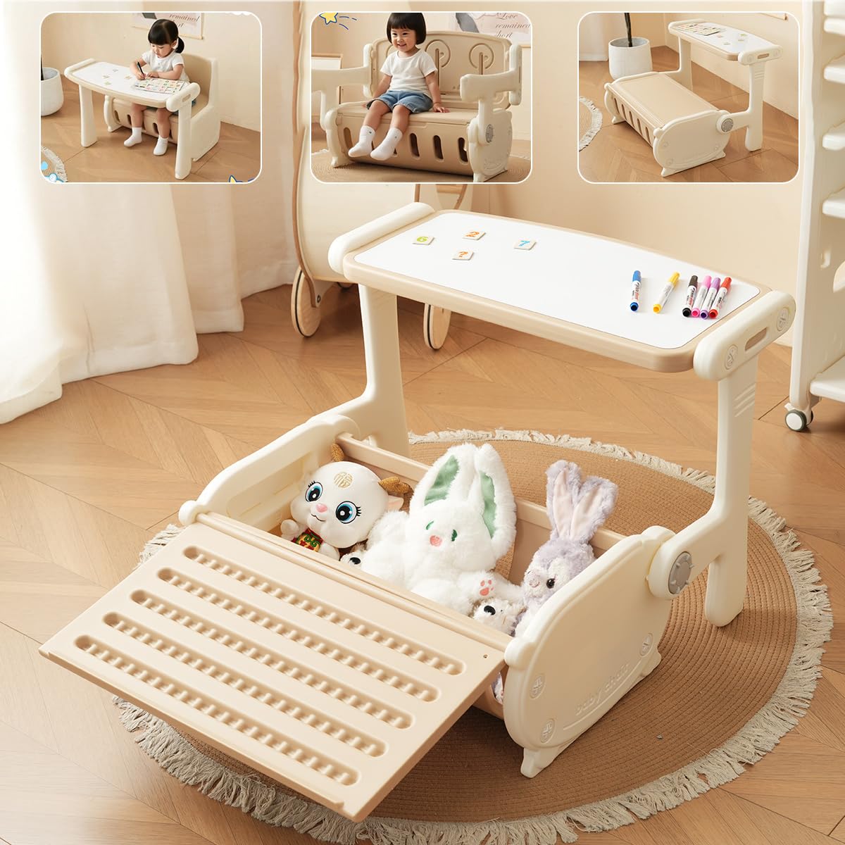 一体式デスク&;チェア 子供用 3イン1 子ども用テーブル 椅子セット キッズデスク キッズチェア 収納付き ブロックデスク 多機能 学習 絵かき 入園祝い 保育園 家庭用 プレゼント (ホワイト)｜擇木ショップ 12,339円
