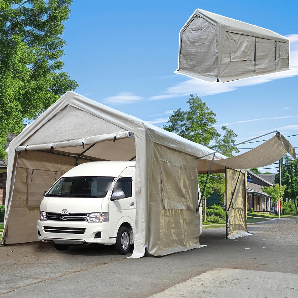 【2梱包】 ガレージテント カーポート 3&times;6 上開きドア 車庫テント パイプ車庫 軽自動車用 大型 車 駐車 日よけ 防 スチール製 頑丈 仮設倉庫 簡易 (ベージュ)｜擇木ショップ