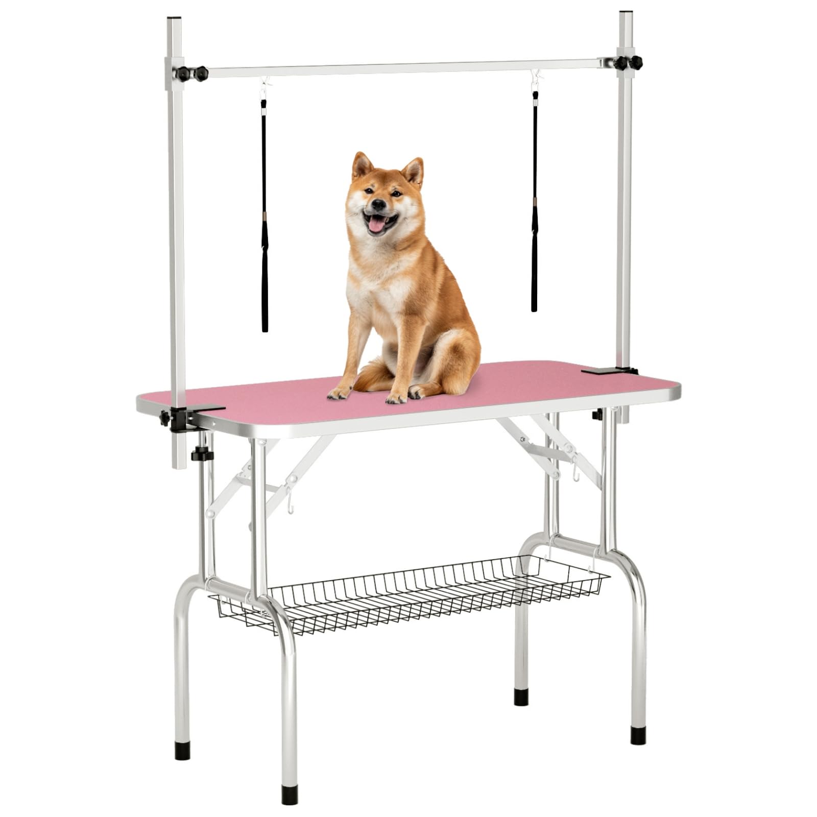 46in ペットグルーミングテーブル 大型犬用 折りたたみ式犬用グルーミングテーブル ダブル繰り返し/メッシュ御盆/合わせる能力のあるな手付き添い人 耐荷重330重量ポンド サクラ色