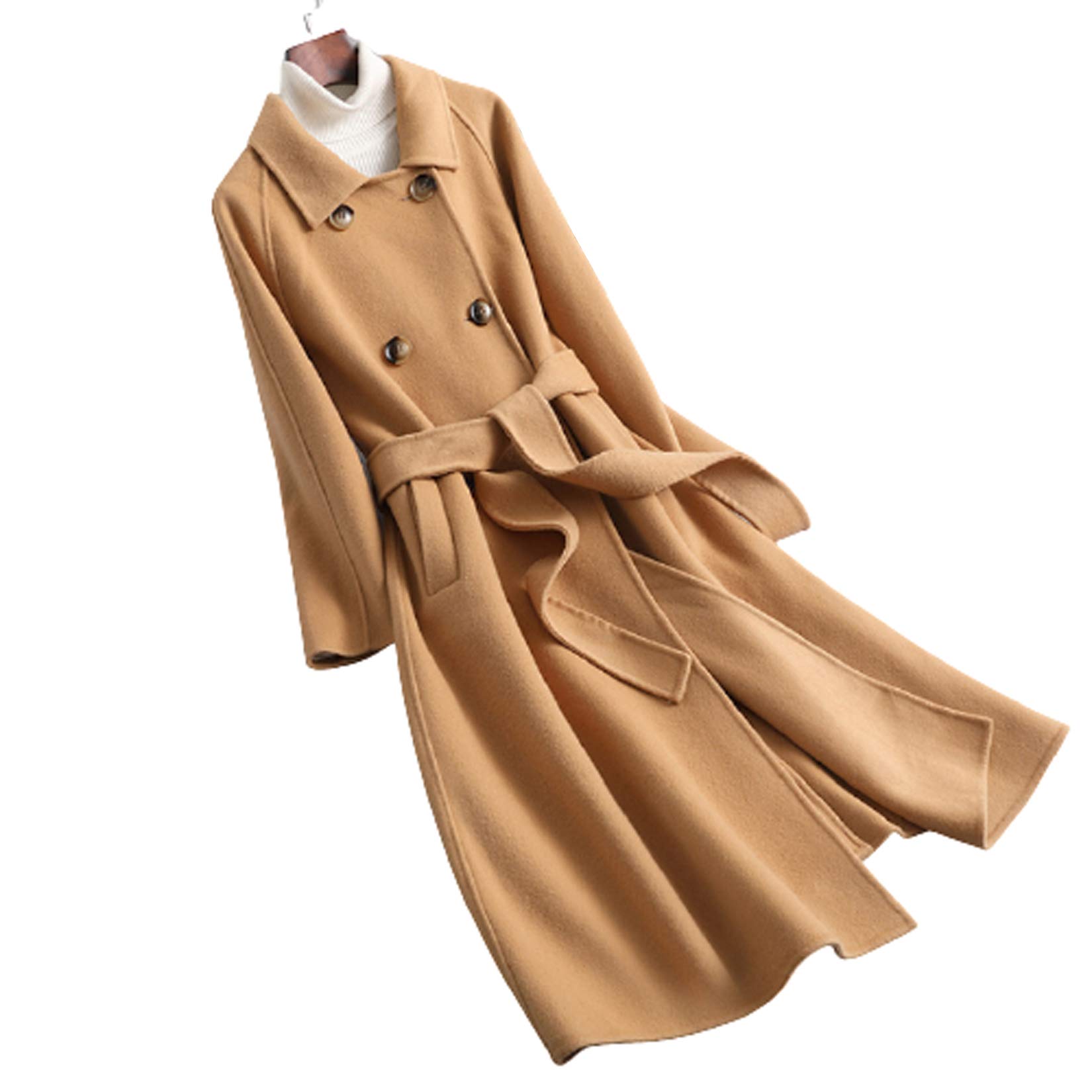 女性用 ピーコート ウール100% トレンチコート クラシック ラペル カシミヤ ダブルブレスト ロングジャケット 秋冬 ウール オーバーコート アウター ベルト付き ブラック (キャメルラージ)|擇木ショップ