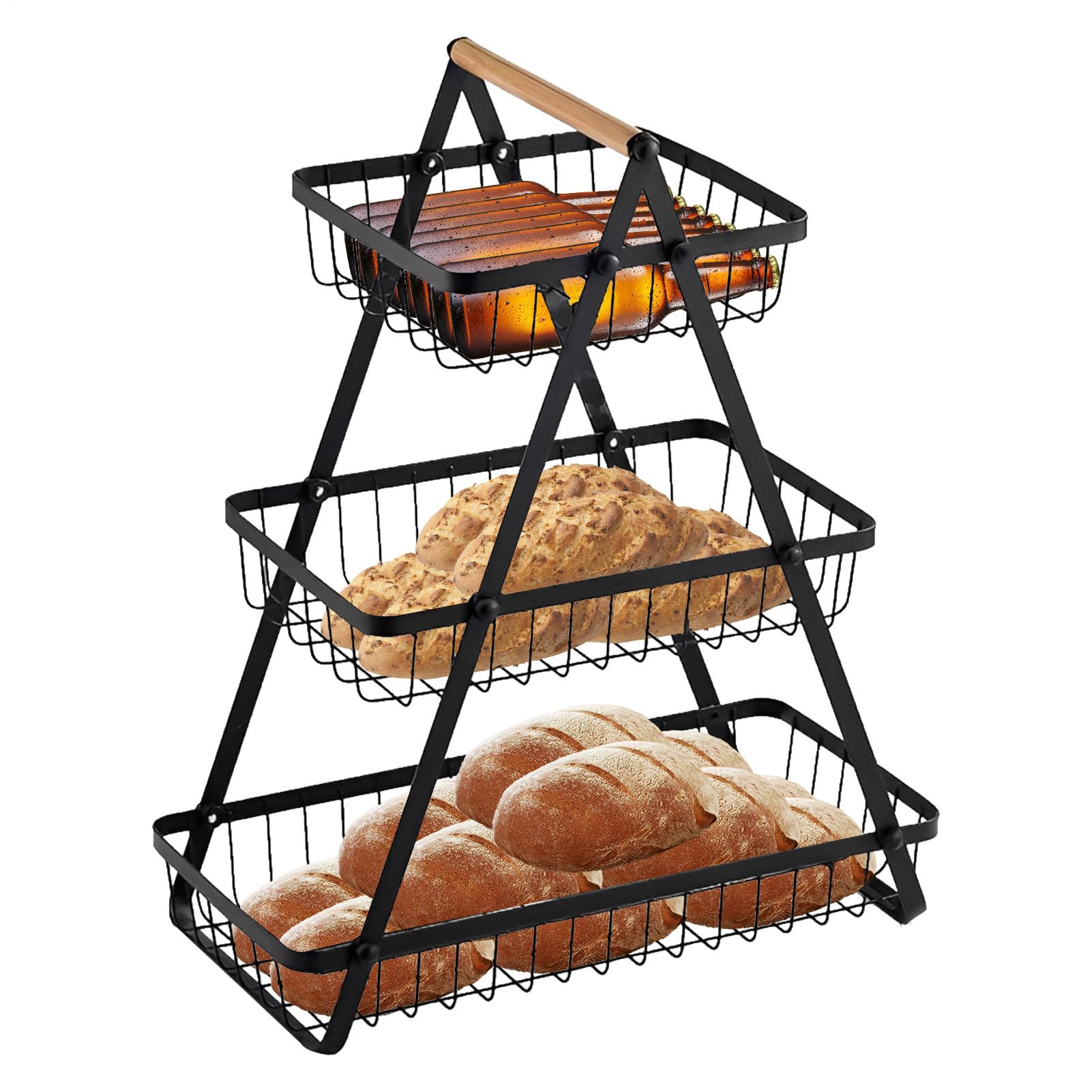 フルーツバスケット 3段,キッチンカウンター 食品収納オーガナイザーラック | 木製ハンドル付き 野菜収納バスケット | 食品・パン・野菜・バナナ・ポテトの整理から、家庭用パントリー・キャビネット・リビング・ダイニング・キャンプ・ピクニックまで幅広く対応｜擇木ショップ 8,698円