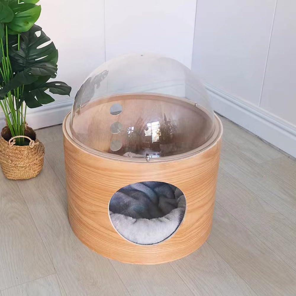 宇宙船 猫ハウス 木製 キャットハウス 透明 ドーム型 カプセル ペットベッド 猫用ベッド おしゃれ キャットドーム 爪研ぎ サイザル麻 室内 隠れ家 洗える クッション付き 四季通用 インテリア 猫用品 40cm × 45cm