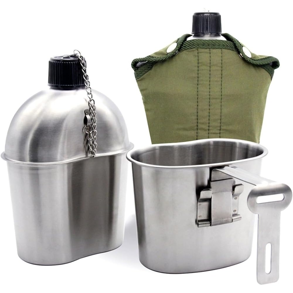 水筒 キャンティーン ミリタリー メスキット 1L ステンレス キャンティーンカップ付き セット 布ケース付き 兵式 水分補給 サバイバル 野営 キャンプ アウトドア 登山 釣り ブッシュクラフト 装備 防災グッズ｜擇木ショップ