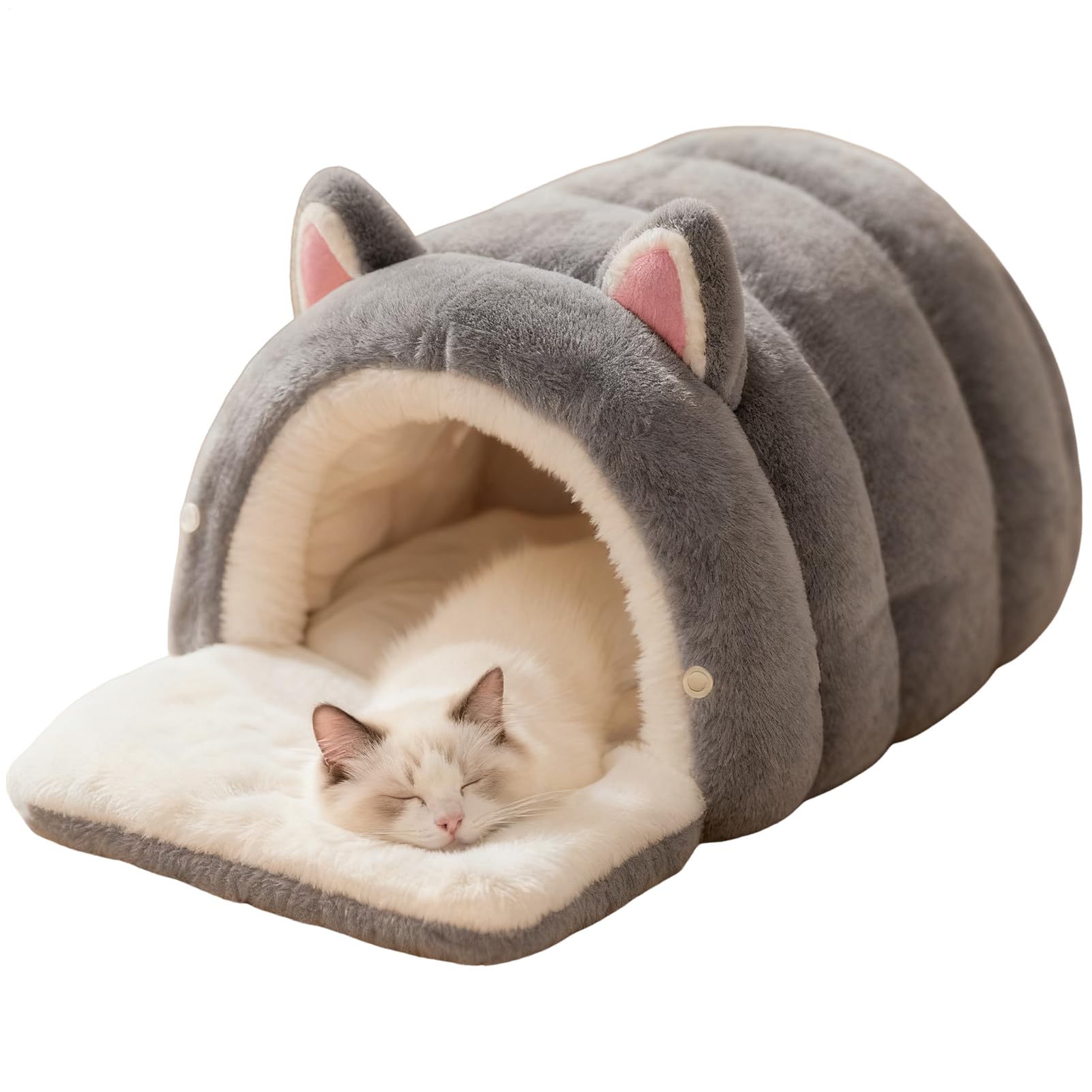 猫ベッド 冬 ドーム型 もこもこ キャットハウス 暖かい 猫ハウス 耳付き かわいい 洗える ペットベッド 小型犬 ハウス 室内 クッション付き 滑り止め おしゃれ 48×30×20cm グレー イエロー