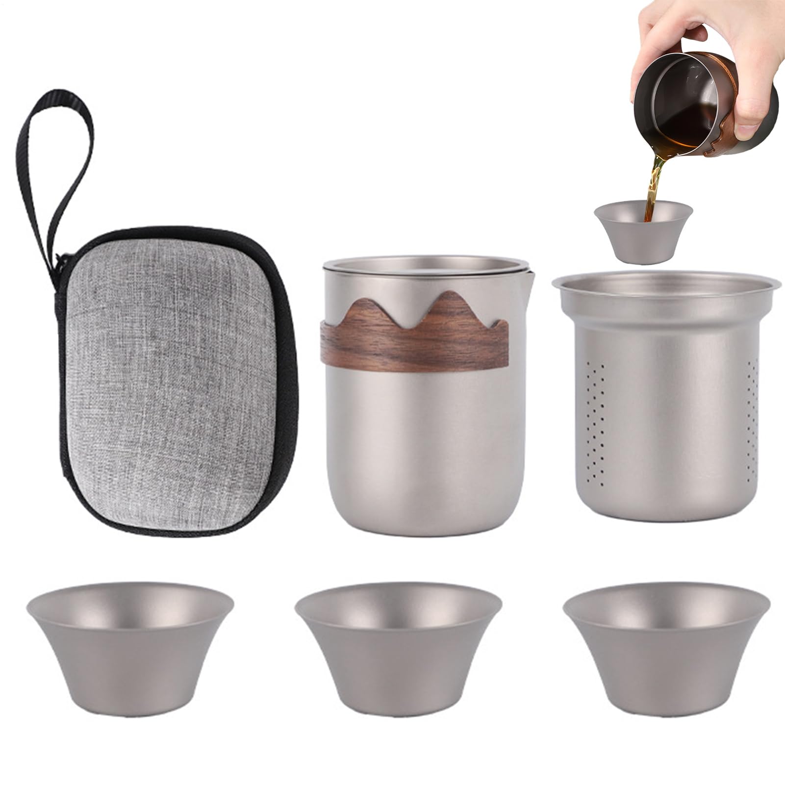 チタン ティーセット 携帯型 茶器仕掛ける アウトドア ティーポット 湯呑み 3客 茶こし付き添い人 納める入れもの付 2層社会システム 防寒 断熱 木材手持ち部分 割れない 軽さ 持っていく 助けになる 難民キャンプ 山登り 旅する 魚釣り 室外 運動場 執務室 父の日