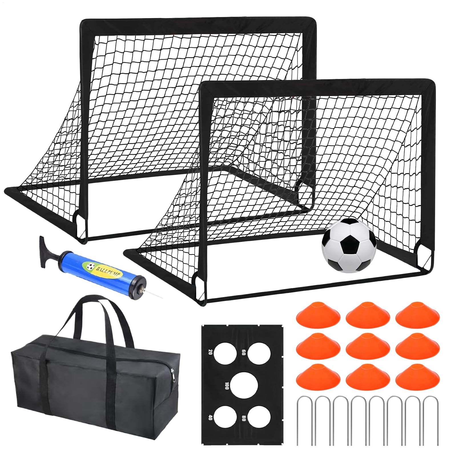 サッカーゴール 2個セット 子供用 折りたたみ ミニサッカーゴール セット 120&times;90cm 練習用 室内 屋外 ポータブル サッカー ターゲット ネット トレーニング サッカーボール ポンプ コーン 収納バッグ付き キッズ ジュニア 庭｜擇木ショップ