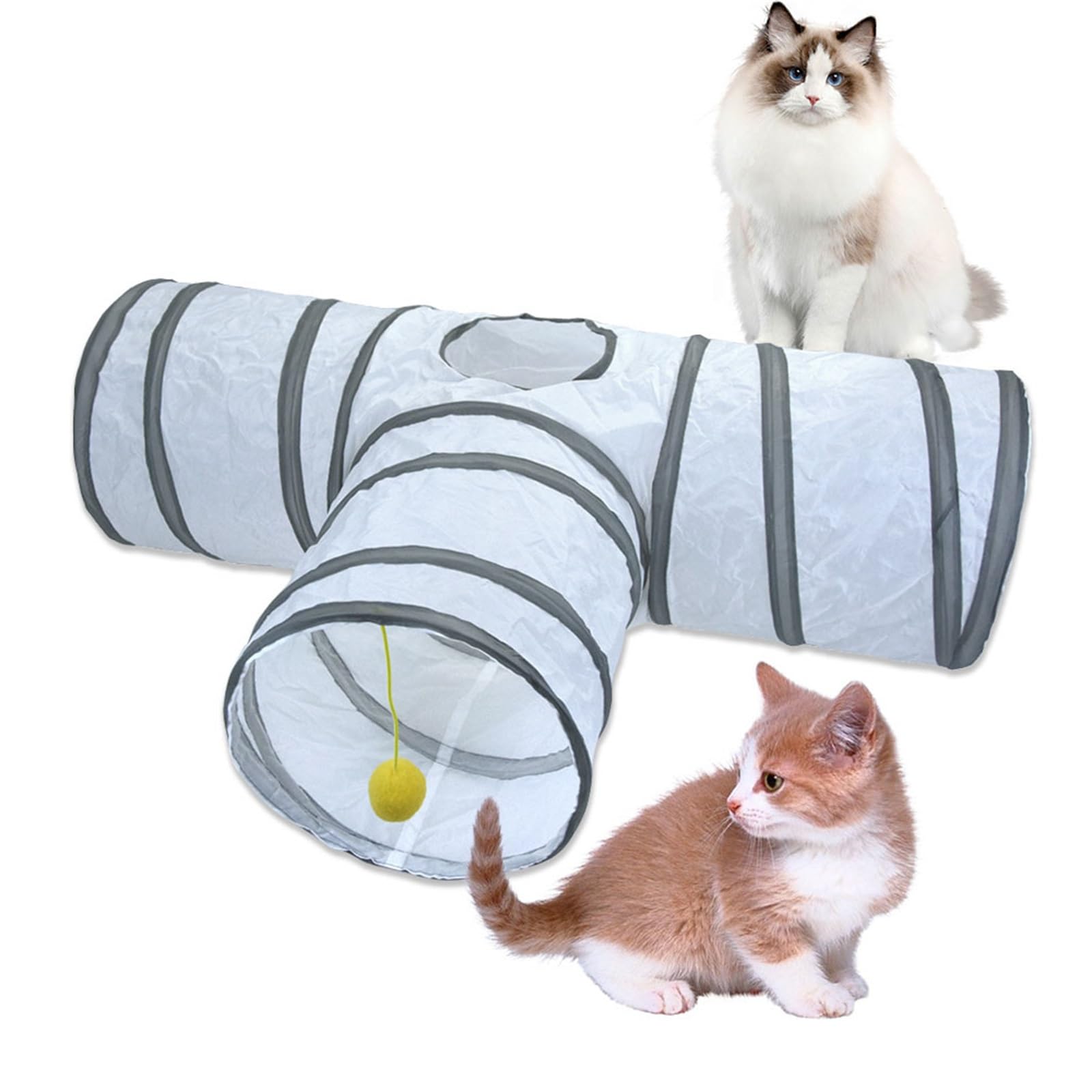 猫 トンネル 3ウェイ プレイトンネル 猫おもちゃ 折りたたみ式 ペット用品 キャットトンネル T字型 ボール付き 遊び場 ポップアップ 運動不足解消 ストレス発散 一人遊び 子猫 ウサギ 小動物 グレー ホワイト 80cm&times;30cm&times;25｜擇木ショップ